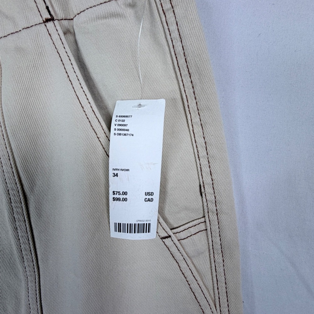 BDG Urban Outfitters Cargo Pants 34 Ivory Contrast Stitch Wide Leg New - Picture 3 of 10